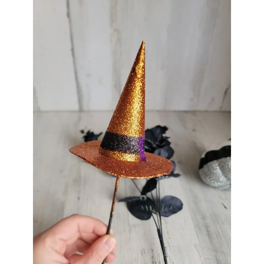 Halloween‎ flower pick witch hat flower Pumpkin set glitter